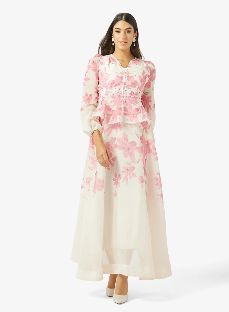 Khizana Floral Print Peplum Top & Skirt Set