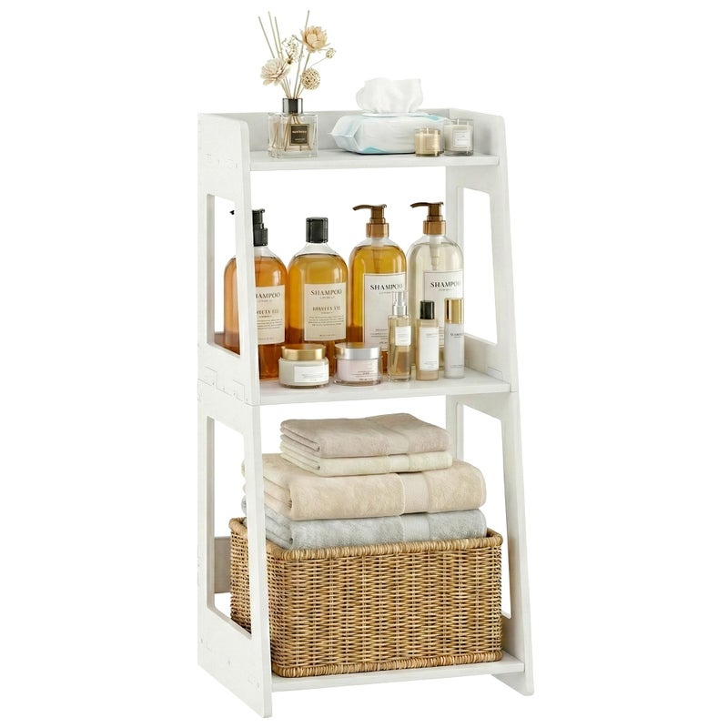 POBOMULI 3-Tier Bathroom Ladder Shelf Freestanding, White Floor Shelves Open Shelving Unit, Small Bookshelf Nightstand for Home Study Laundry Room (11.0â€D x 12.6â€W x 26â€H) - Image 1
