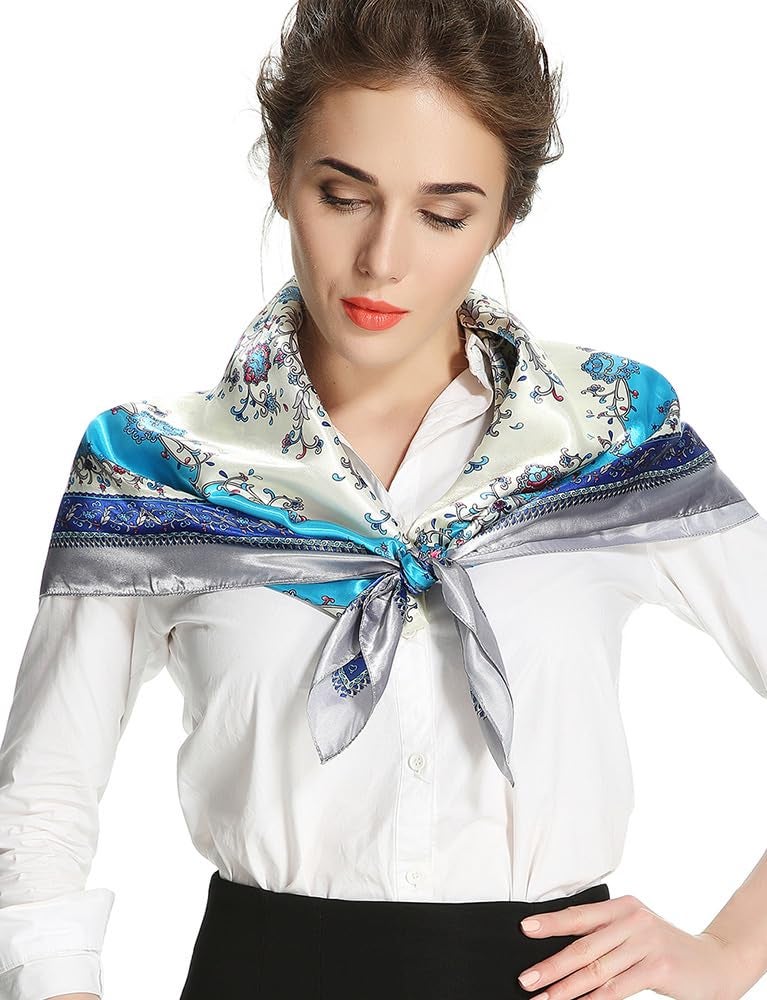 corciova Womens Silk Feeling Head Scarf Headband for Sleeping 35 x 35 Flower Cyan Snow Curly Tie Fashion Bandana Headscarf - Image 3