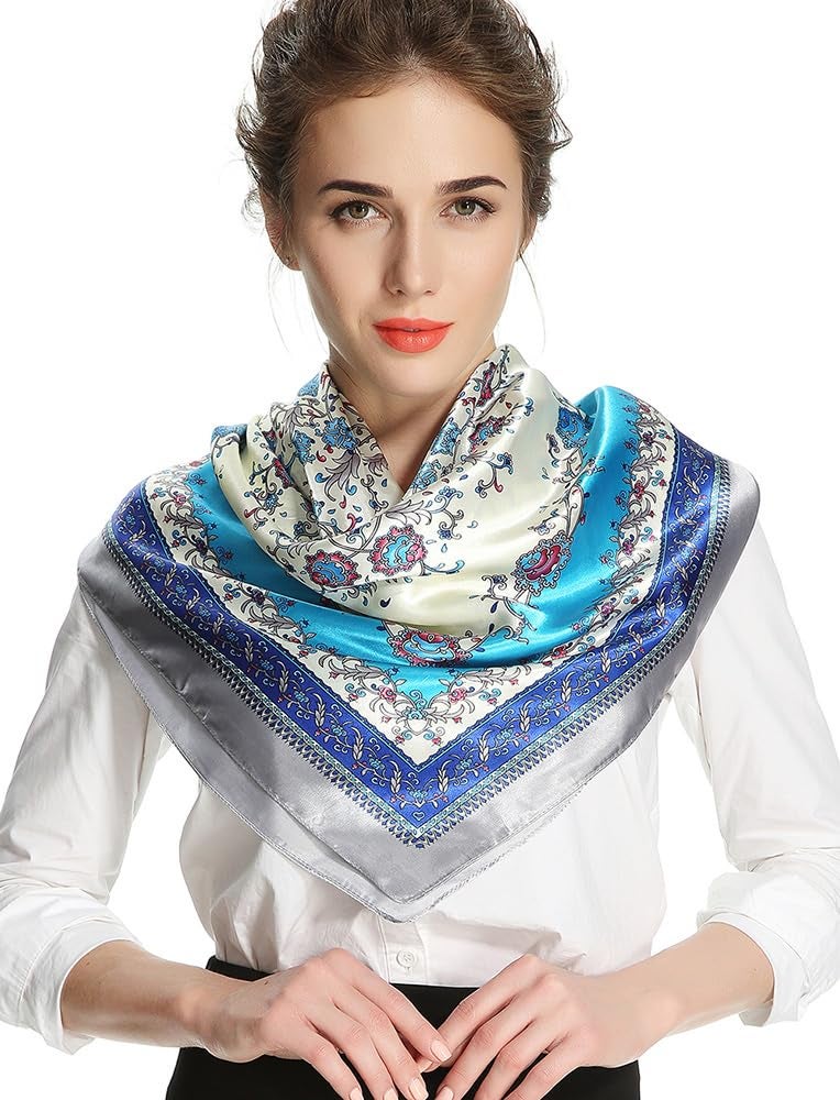 corciova Womens Silk Feeling Head Scarf Headband for Sleeping 35 x 35 Flower Cyan Snow Curly Tie Fashion Bandana Headscarf - Image 2