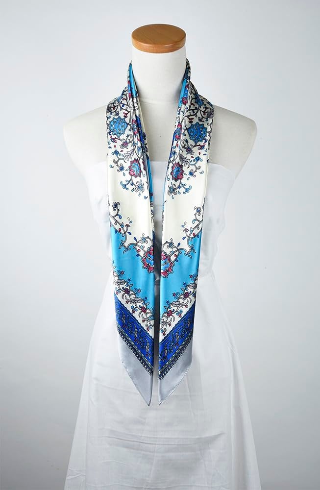 corciova Womens Silk Feeling Head Scarf Headband for Sleeping 35 x 35 Flower Cyan Snow Curly Tie Fashion Bandana Headscarf - Image 5