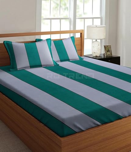 RD TREND Presents Luxurious Glace Cotton Super Soft 210 TC 360° Elastic Fitted Bedsheet Queen Size (78X60X8 Inch) with 2 Pillow Covers, Green Stripe - Image 1
