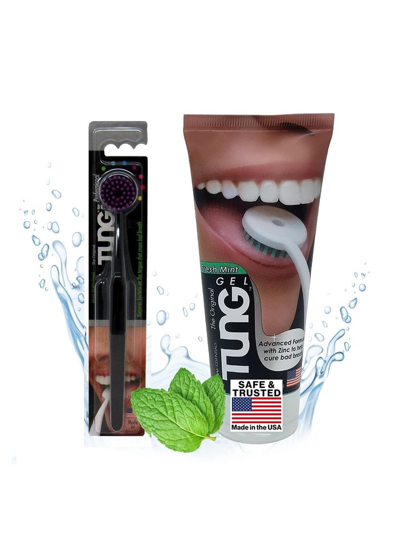 Tung Tung Tongue Brush & Gel Kit | Tongue Cleaner for Adults | Tongue Scraper to Fight Bad Breath and Halitosis | Mouth Odor Eliminator | Fresh Mint / | Made in America (Set of 1) Mint Blast  - Image 4