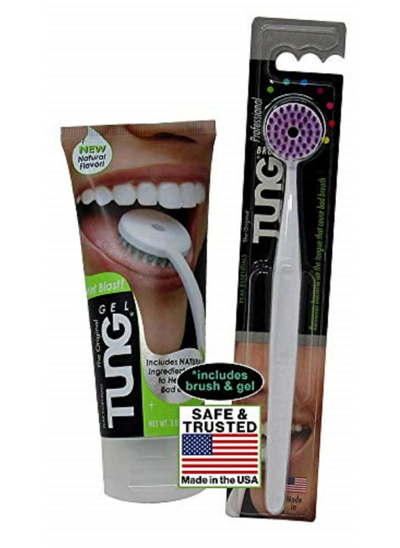 Tung Tung Tongue Brush & Gel Kit | Tongue Cleaner for Adults | Tongue Scraper to Fight Bad Breath and Halitosis | Mouth Odor Eliminator | Fresh Mint / | Made in America (Set of 1) Mint Blast  - Image 2