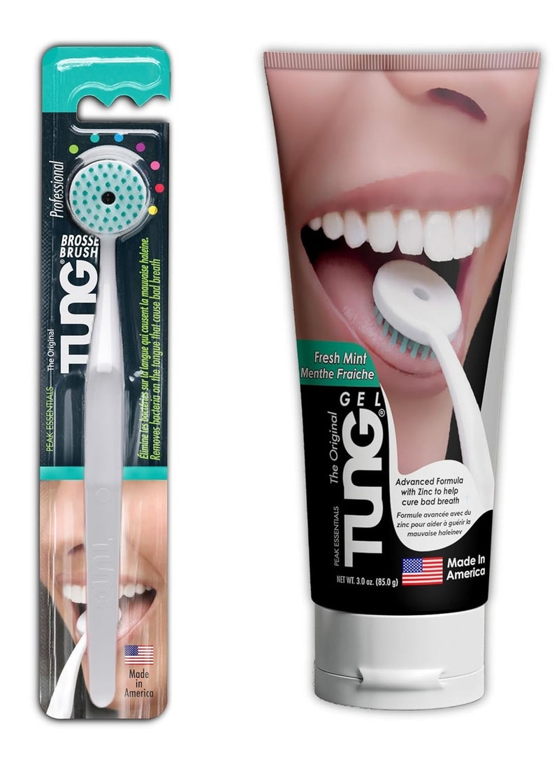 Tung Tung Tongue Brush & Gel Kit | Tongue Cleaner for Adults | Tongue Scraper to Fight Bad Breath and Halitosis | Mouth Odor Eliminator | Fresh Mint / | Made in America (Set of 1) Mint Blast  - Image 3