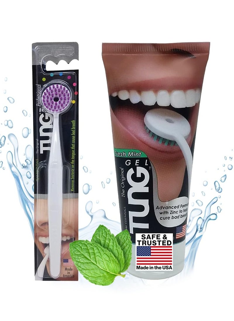 Tung Tung Tongue Brush & Gel Kit | Tongue Cleaner for Adults | Tongue Scraper to Fight Bad Breath and Halitosis | Mouth Odor Eliminator | Fresh Mint / | Made in America (Set of 1) Mint Blast  - Image 1
