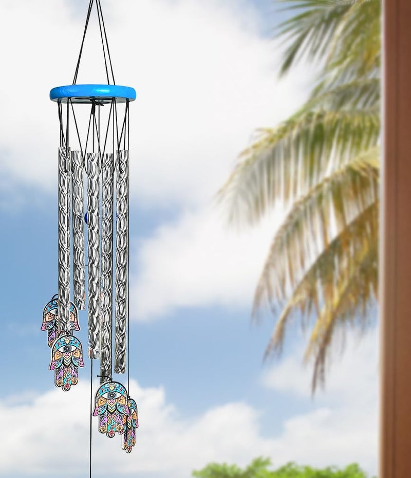 HindCraft Wind Chimes for Balcony and Home – Hanging Bells for Positive Energy, Home Décor and Room Decoration | Showpieces for Living Room and Gift Items for Women, 6 Hamsa Hand 5 Silver Pipe - Image 4