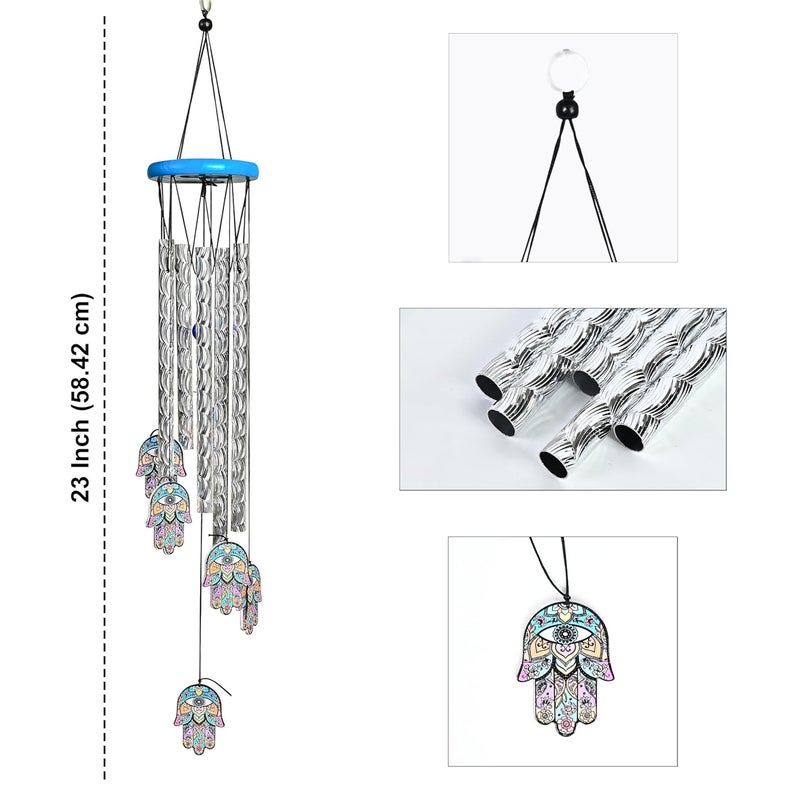 HindCraft Wind Chimes for Balcony and Home – Hanging Bells for Positive Energy, Home Décor and Room Decoration | Showpieces for Living Room and Gift Items for Women, 6 Hamsa Hand 5 Silver Pipe - Image 3