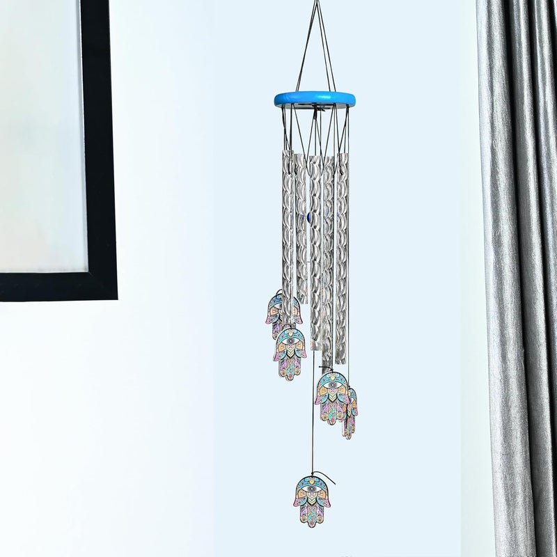 HindCraft Wind Chimes for Balcony and Home – Hanging Bells for Positive Energy, Home Décor and Room Decoration | Showpieces for Living Room and Gift Items for Women, 6 Hamsa Hand 5 Silver Pipe - Image 2