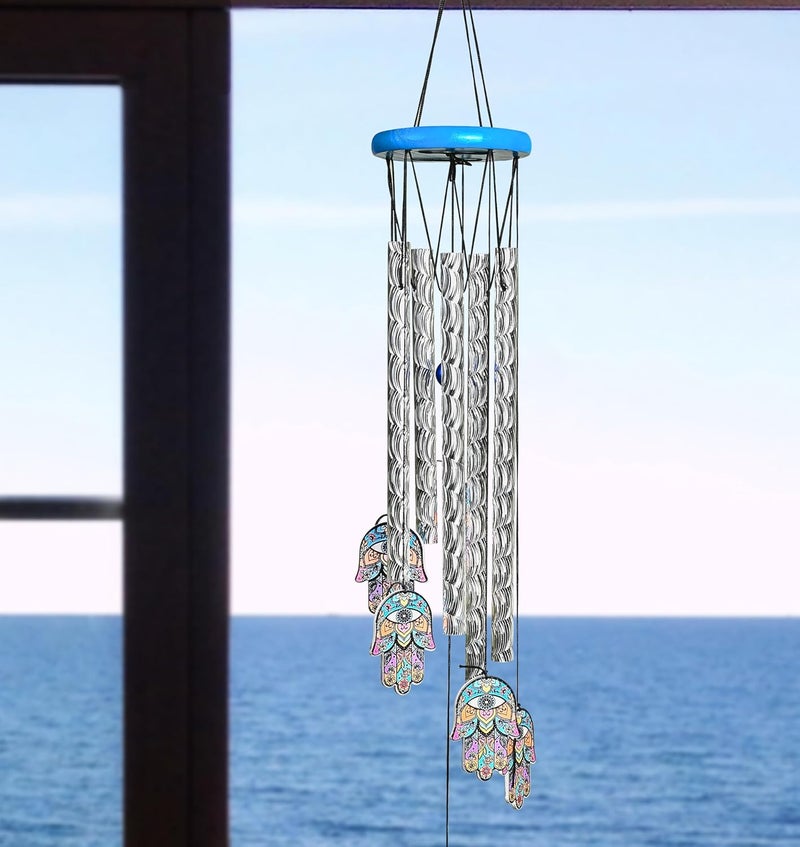 HindCraft Wind Chimes for Balcony and Home – Hanging Bells for Positive Energy, Home Décor and Room Decoration | Showpieces for Living Room and Gift Items for Women, 6 Hamsa Hand 5 Silver Pipe - Image 5