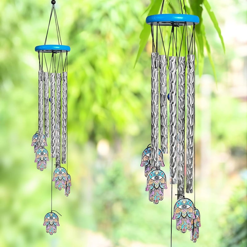 HindCraft Wind Chimes for Balcony and Home – Hanging Bells for Positive Energy, Home Décor and Room Decoration | Showpieces for Living Room and Gift Items for Women, 6 Hamsa Hand 5 Silver Pipe - Image 1