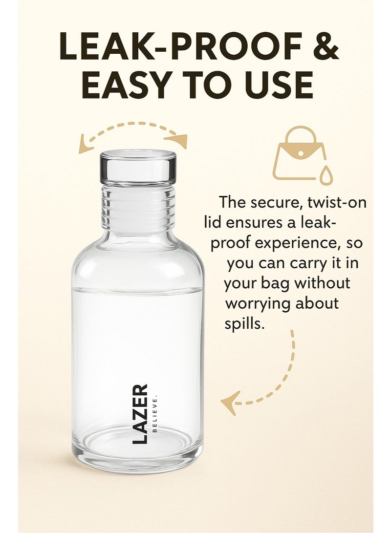 Lazer Pure Borosilicate Glass Water Bottle 300ml – BPA-Free, Eco-Friendly, Durable & Leak-Proof Transparent Bottle - Image 3