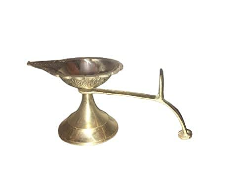 Santosh Bhakti Bhandar Santosh Bhakti Bhandar Brass Deepak Single Aarti 1 Arti Diya Camphor Loban Dhuni Oil Lamp Puja Deepak with Handle for Pooja 6 inch Length Golden  - Image 2