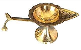 Santosh Bhakti Bhandar Santosh Bhakti Bhandar Brass Deepak Single Aarti 1 Arti Diya Camphor Loban Dhuni Oil Lamp Puja Deepak with Handle for Pooja 6 inch Length Golden  - Image 1