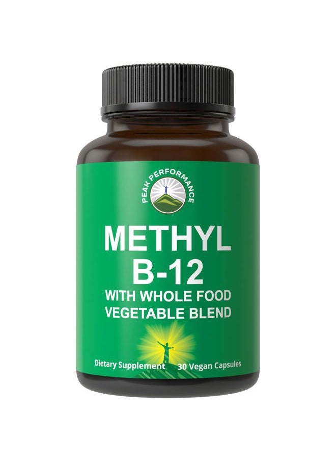 Peak Performance Methyl B12 Vitamin + Whole Food Blend of 25 Vegetables and Fruits for Max Absorption. Vegan Vitamin B12 Methylcobalamin - Methyl B-12 Supplement for Energy, Focus and Relief. 30 Day Supply Capsules  - Image 1