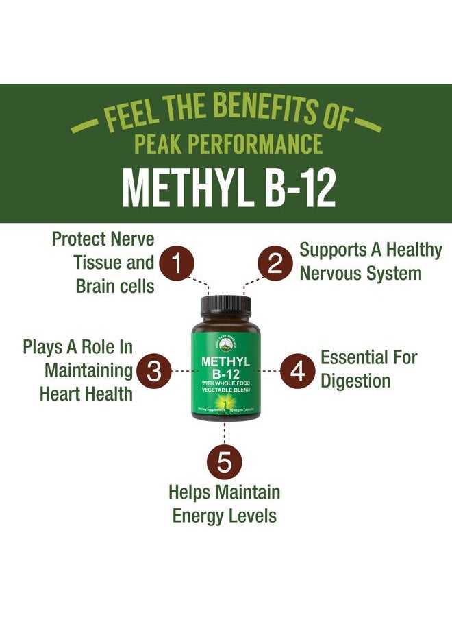 Peak Performance Methyl B12 Vitamin + Whole Food Blend of 25 Vegetables and Fruits for Max Absorption. Vegan Vitamin B12 Methylcobalamin - Methyl B-12 Supplement for Energy, Focus and Relief. 30 Day Supply Capsules  - Image 2