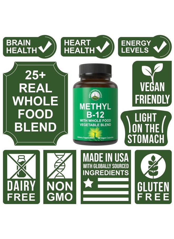 Peak Performance Methyl B12 Vitamin + Whole Food Blend of 25 Vegetables and Fruits for Max Absorption. Vegan Vitamin B12 Methylcobalamin - Methyl B-12 Supplement for Energy, Focus and Relief. 30 Day Supply Capsules  - Image 3