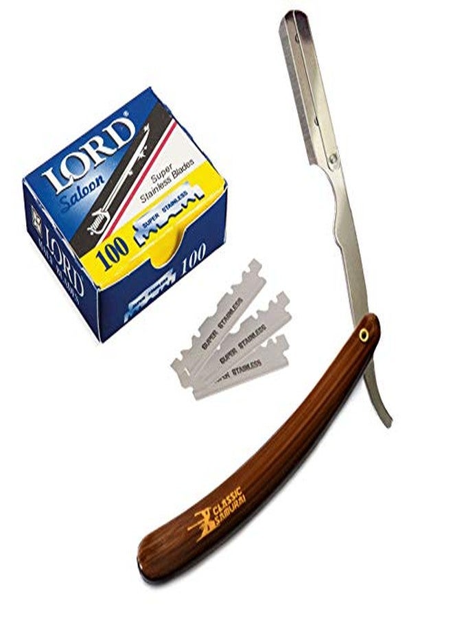 Classic Samurai Stainless Steel Professional Barber Straight Edge Razor with 100 Count Single Edge Razor Blades (Brown) - Image 1