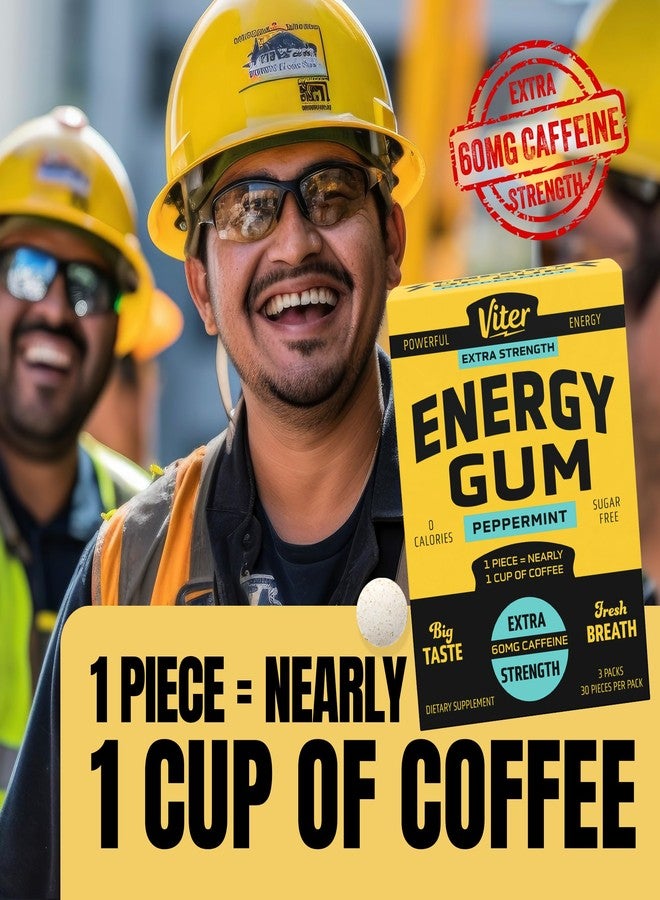 Viter Energy علكة فيتر إنرجي 60 ملغ كافيين (نكهة النعناع، 30 قطعة، 3 عبوات) - خالية من السكر، فيتامين ب3، ب6، ب9، ب12، صفر سعرات حرارية، مضغوطات طاقة تحتوي على كافيين، مكمل تركيز نوتروبيك للرجال والنساء - Image 5