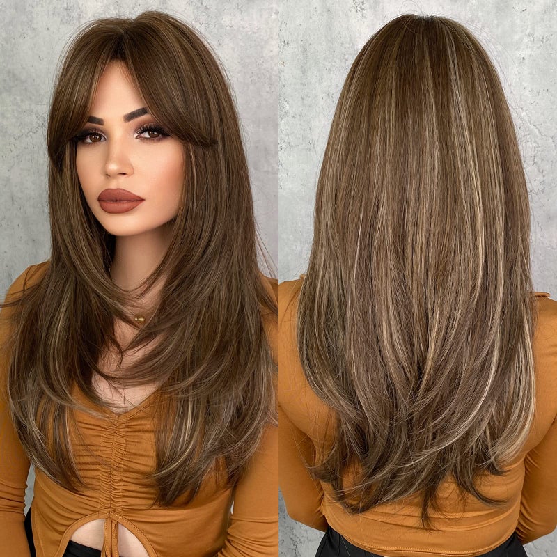 7JHH WIGS 7JHH باروكات باروكات شقراء عسلية مع غرة باروكات بنية طويلة للنساء باروكات صناعية مقاومة للحرارة للاستخدام اليومي