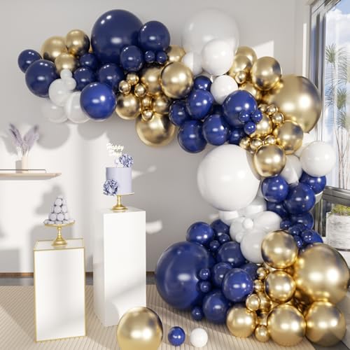 MEBAY Blue White Gold Balloons Garland Arch Kit 141Pcs Latex Balloons Different Sizes 18 12 10 5 Inch for Birthday Baby Shower Gender Reveal Wedding Party Decoration - Image 1
