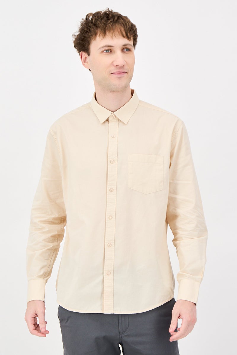 Nautica Jeans Men Regular Fit Long Sleeve Plain Casual Shirt, Beige - Image 1