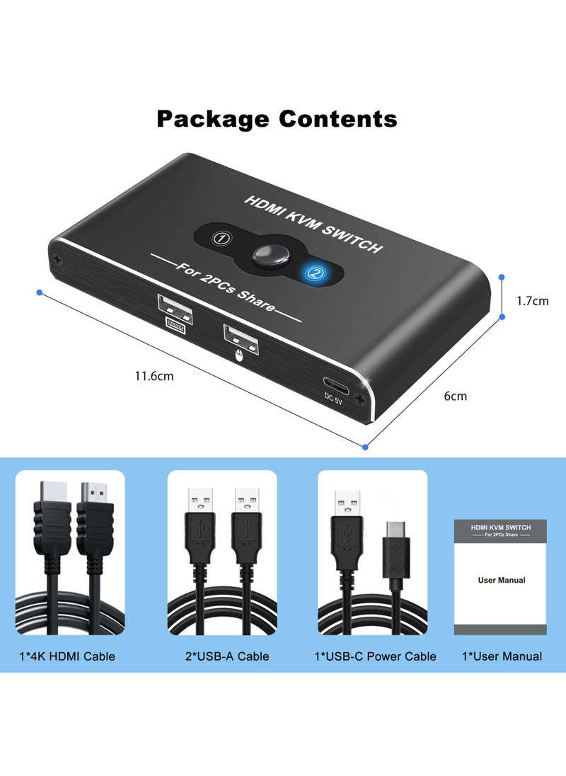 Excefore - HDMI KVM Switch, Supports 4K@60Hz for 1 Monitor and 2 Computers, USB 2.0 Switch for Keyboard and Mouse Sharing, HDMI 2.0, Seamless Switching, High Performance, Perfect for Dual Computer Setup - Image 1