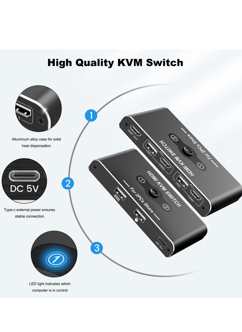 Excefore - HDMI KVM Switch, Supports 4K@60Hz for 1 Monitor and 2 Computers, USB 2.0 Switch for Keyboard and Mouse Sharing, HDMI 2.0, Seamless Switching, High Performance, Perfect for Dual Computer Setup - Image 1