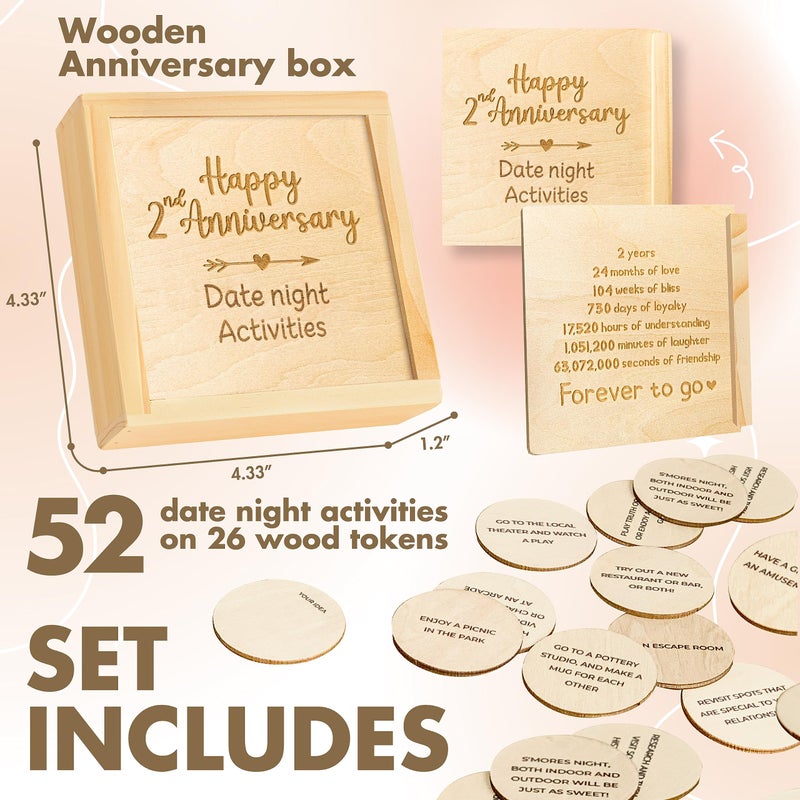 Stofinity 2 Year Anniversary Wood Gifts For Him Her - 2Nd Wedding Gift Anniversary For Couple Two Year Anniversary Wooden Gift For Boyfriend Girlfriend Happy Second Year Marriage Date Night Box - Image 2
