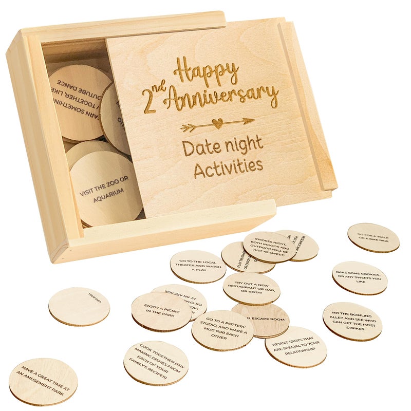 Stofinity 2 Year Anniversary Wood Gifts For Him Her - 2Nd Wedding Gift Anniversary For Couple Two Year Anniversary Wooden Gift For Boyfriend Girlfriend Happy Second Year Marriage Date Night Box - Image 1