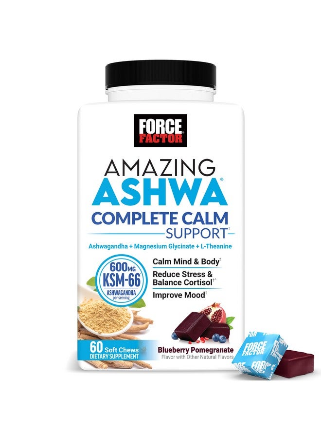 فوريس فاكتور فورس فاكتور، أشوا المذهلة، دعم كامل للهدوء مع أشواغاندا KSM-66، مثل علكات أشواغاندا لتعزيز الهدوء والاسترخاء مع المغنيسيوم وL-Theanine، رمان التوت الأزرق، 60 علكة ناعمة - Image 1