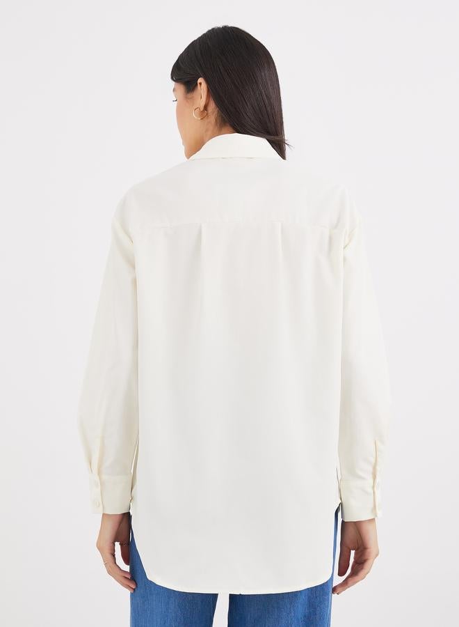 Styli Beige High-Low Hem Plain Collared Shirt - Image 5