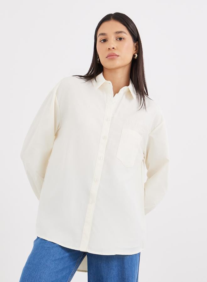 Styli Beige High-Low Hem Plain Collared Shirt - Image 2