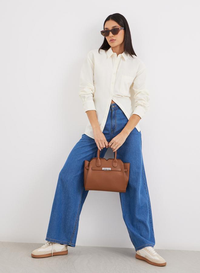 Styli Beige High-Low Hem Plain Collared Shirt - Image 3