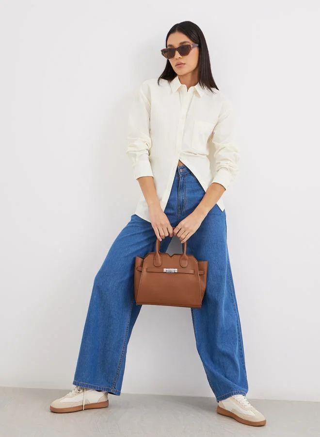 Styli Beige Beige High-Low Hem Plain Collared Shirt for Women | Best Price UAE