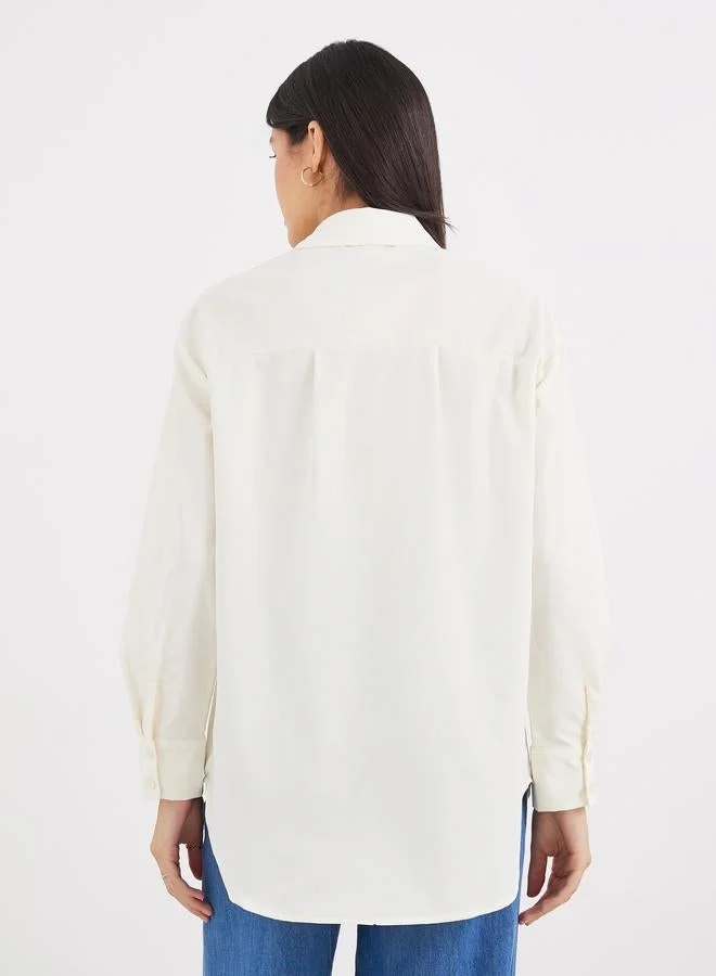 Styli Beige Beige High-Low Hem Plain Collared Shirt for Women | Best Price UAE