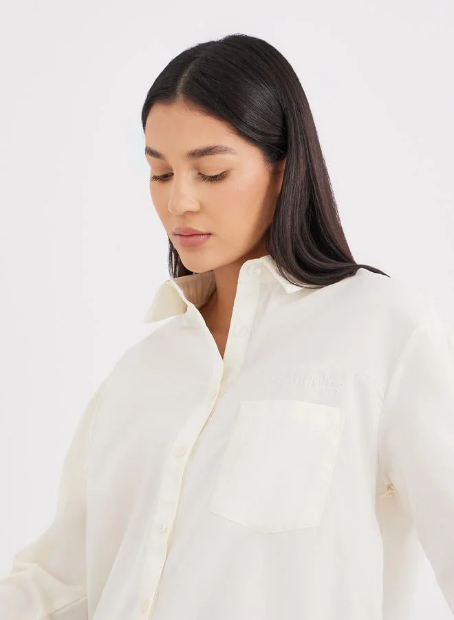Styli Beige Beige High-Low Hem Plain Collared Shirt for Women | Best Price UAE
