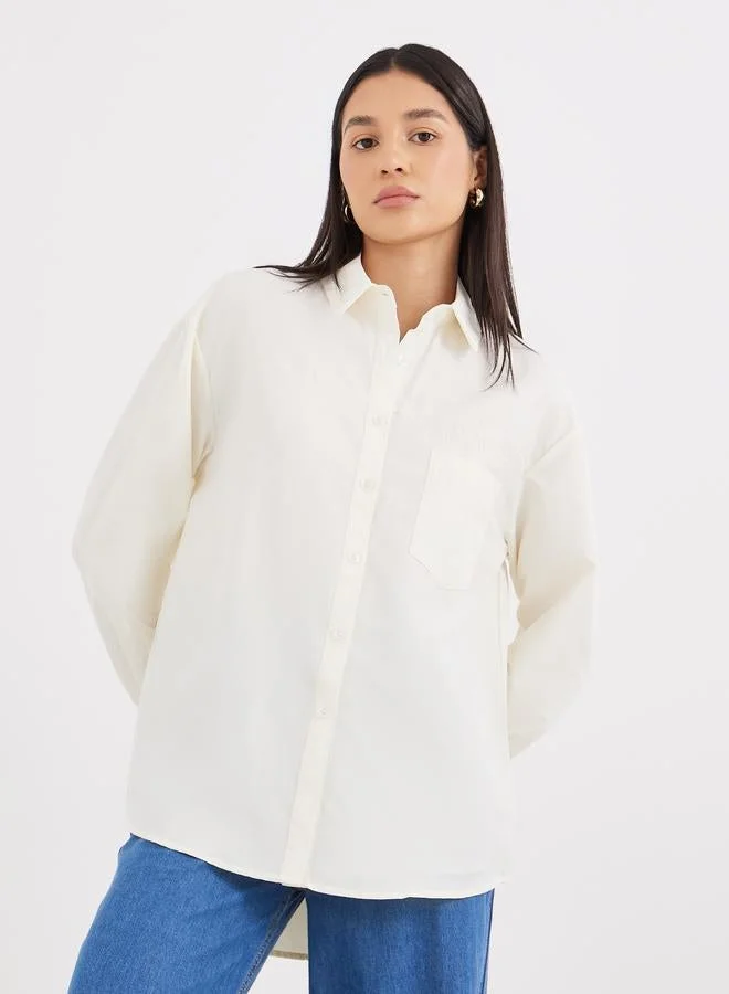 Beige High-Low Hem Plain Collared Shirt