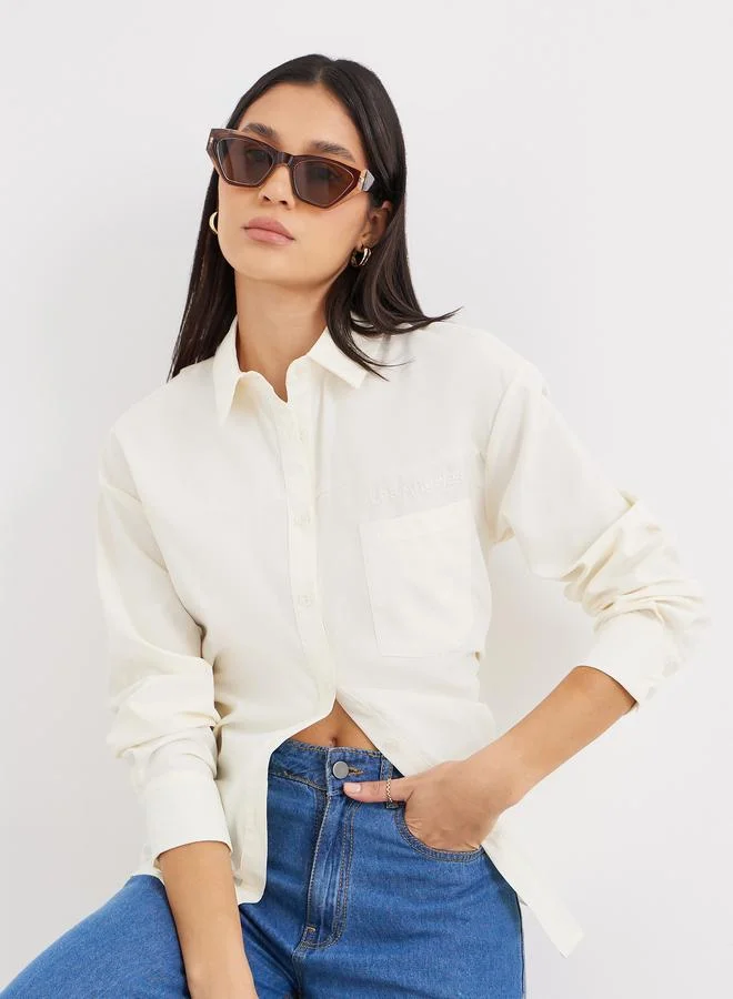 Styli Beige Beige High-Low Hem Plain Collared Shirt for Women | Best Price UAE