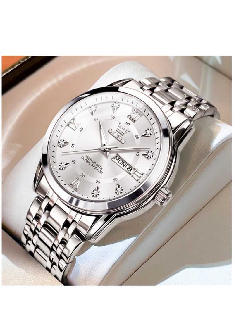 OLEVS Watches for Men Stainless Steel Quartz Analog Water Resistant Watch Silver 5513 - Image 1