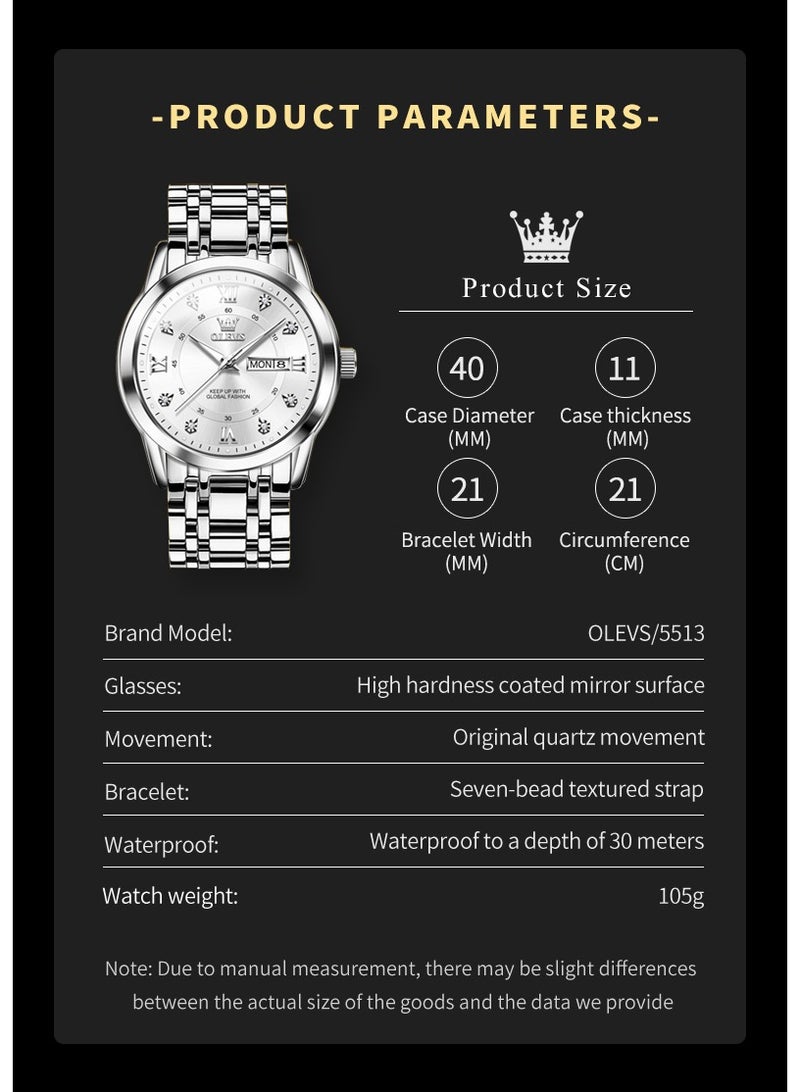 OLEVS Watches for Men Stainless Steel Quartz Analog Water Resistant Watch Silver 5513 - Image 5