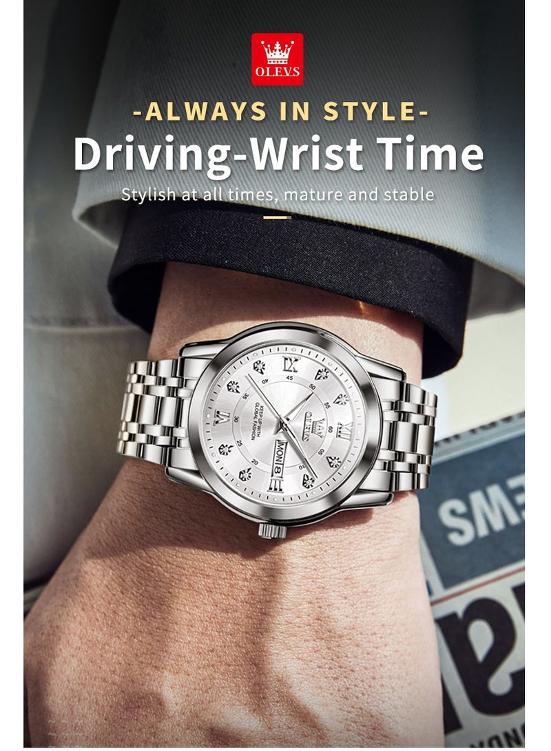 OLEVS Watches for Men Stainless Steel Quartz Analog Water Resistant Watch Silver 5513 - Image 3