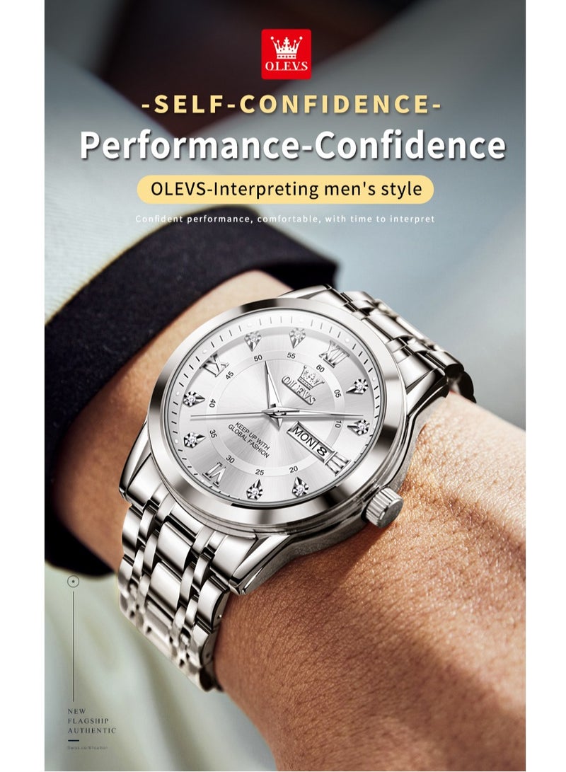 OLEVS Watches for Men Stainless Steel Quartz Analog Water Resistant Watch Silver 5513 - Image 2