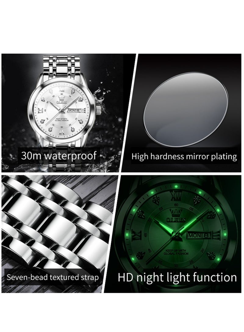 OLEVS Watches for Men Stainless Steel Quartz Analog Water Resistant Watch Silver 5513 - Image 4