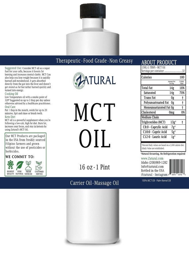 Zatural زيت MCT نقي، زيت ناقل، زيت تدليك، زيت مرطب، زيت شعر، درجة غذائية وعلاجية، 16 أونصة - Image 2