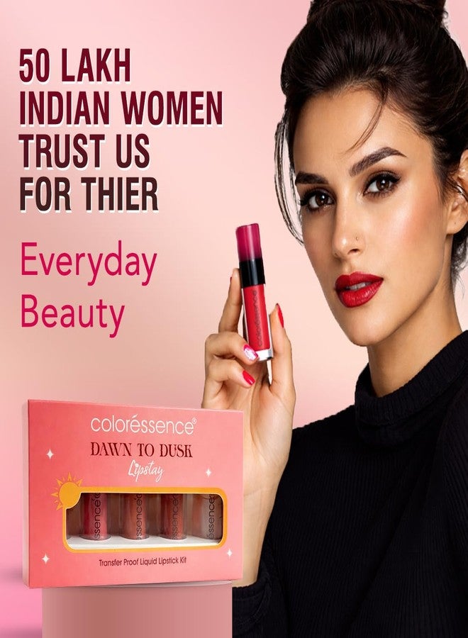 Coloressence Dawn to Dusk Liquid Transferproof Lipstick Kit, Pack of 4 Shades with FREE Lip Plumping Gloss | Long Lasting | Highly Pigmented | Waterproof - Image 5