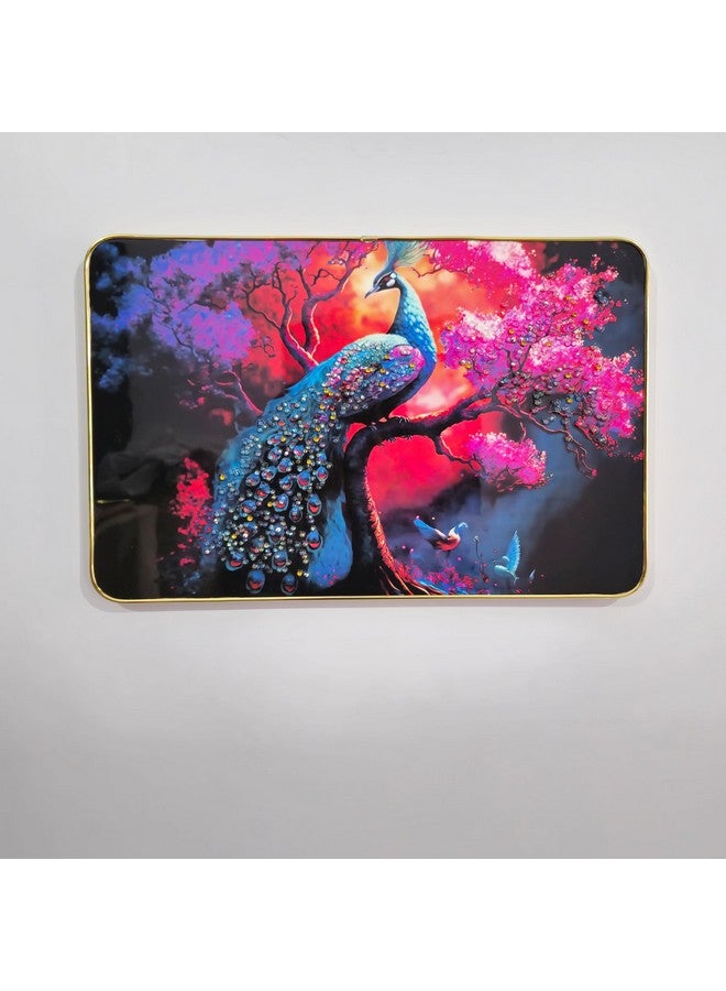 Masstone Decorative Peacock Wall Painting with Crystal Embedded High Gloss Surface Gold Slim Frame Embossed Wall Hanging Photos Home Décor Wall Art For Living Room, Bedroom, Office, 45x30 cm - Image 1