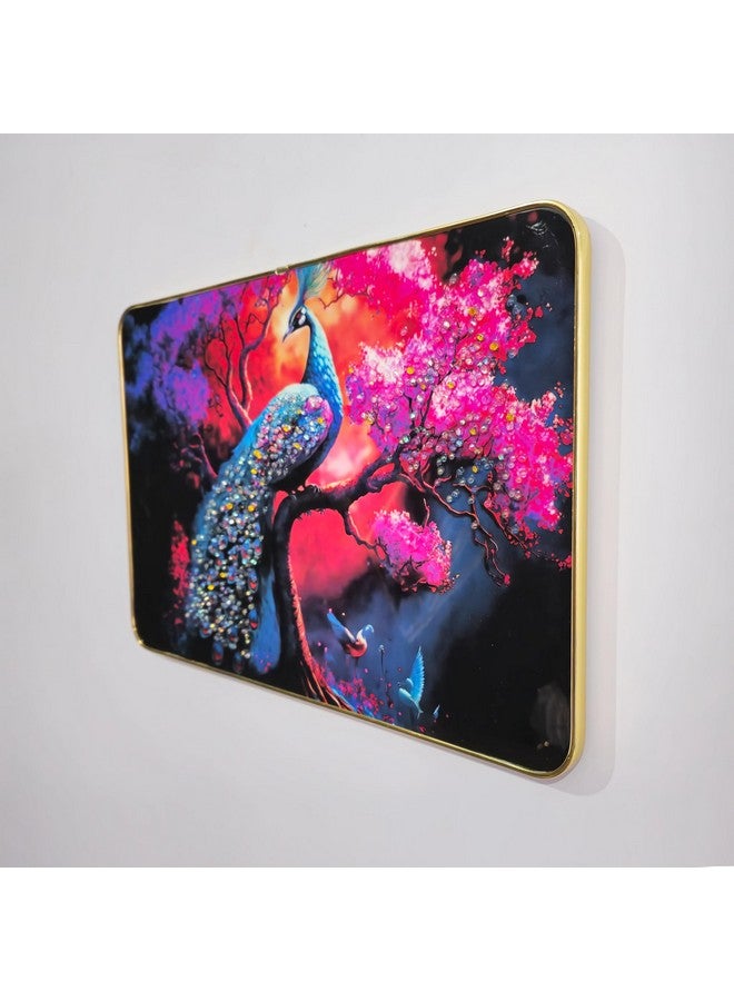 Masstone Decorative Peacock Wall Painting with Crystal Embedded High Gloss Surface Gold Slim Frame Embossed Wall Hanging Photos Home Décor Wall Art For Living Room, Bedroom, Office, 45x30 cm - Image 2