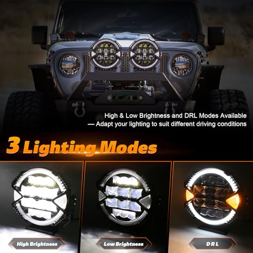 POVTOR 9 Inch Round LED Off-Road Light, 1PC 13000LM 148W LED Driving Light with High/Low Brightness & White Halo DRL Waterproof Compatible with Jeep Tacoma 4Runner Truck SUV UTV Pickup - Image 3