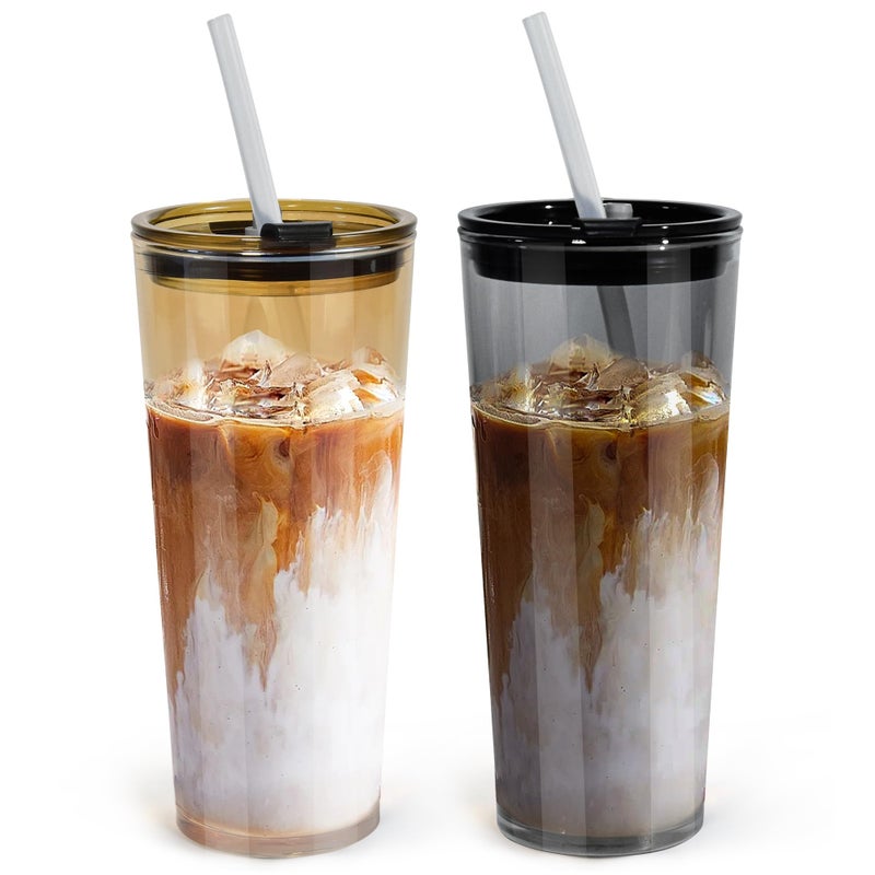 Icesip 24oz Drinking Glasses Cups Set of 2 Leak Proof Iced Coffee Glass Tumbler with Lid Straw Glassware for Juice Coffee Smoothie Boba Tea(Gray & Amber) - Image 1